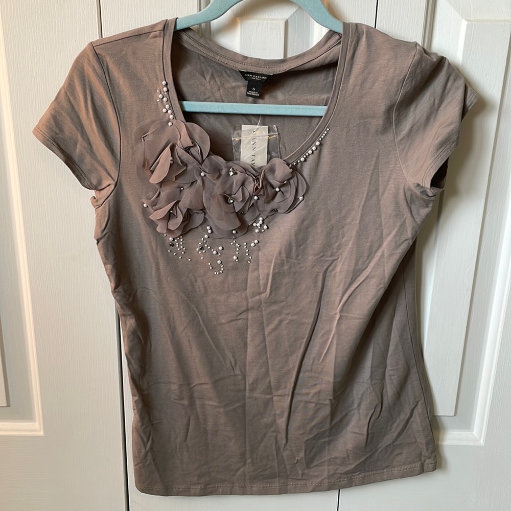 Light brown Ann Taylor too with floral and Pearl embellishment